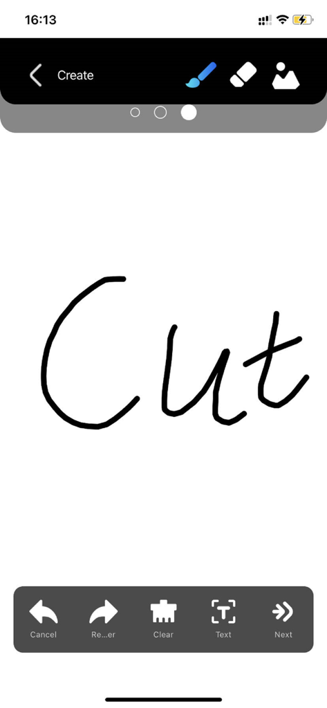 CutLabX - A mobile interface for the CutLabX app showing the handwritten word Cut on a white design canvas
