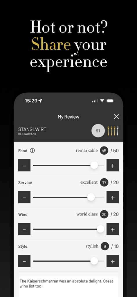 Falstaff Guide - User review interface in the Falstaff Guide app showing ratings for food service wine and style for a luxury restaurant
