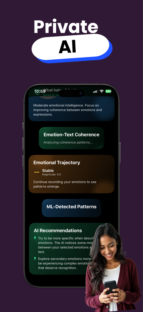 Mood tracker Moodly - Pantalla de la aplicación Moodly con seguimiento privado de estado de ánimo con IA e ideas de inteligencia emocional.