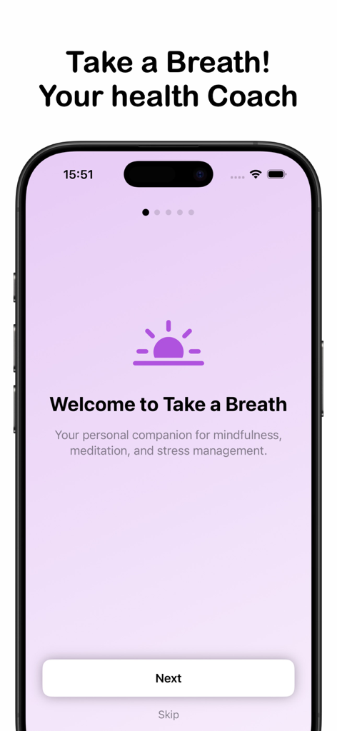 Take Breath - Meditation Focus - Schermata di benvenuto dell'app di meditazione Take Breath con un'icona di sole viola e introduzione alla mindfulness