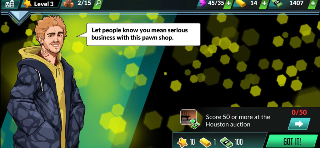 A character in the Bid Wars 2 game explaining how to run a pawn shop and complete missions