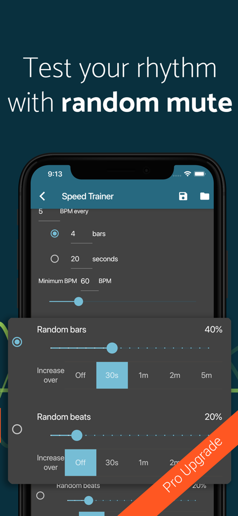 Metronome Beats Pro app showing the Speed Trainer interface with random mute options