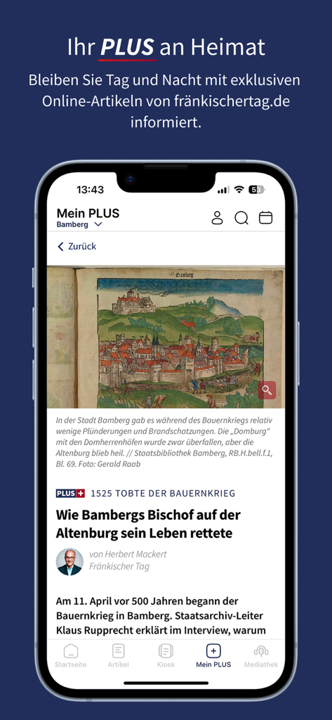 Fränkischer Tag E-Paper - Smartphone screen of Fraenkischer Tag E-Paper app displaying a local news article about the history of Bamberg