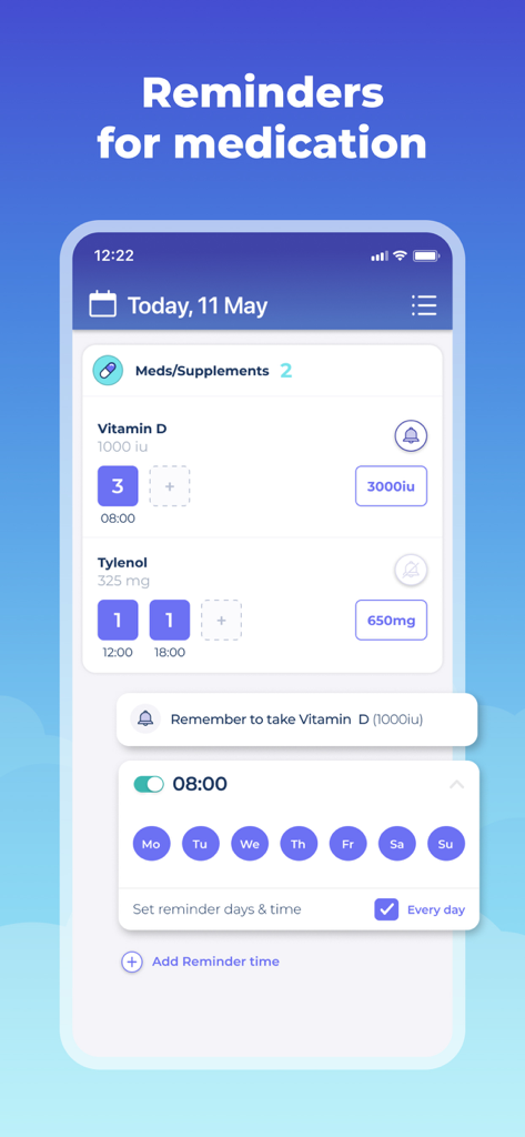 Bearable - Symptom Tracker - Eine mobile Benutzeroberfläche der Bearable-App, die die Verfolgung von Medikamenten und Nahrungsergänzungsmitteln mit anpassbaren täglichen Erinnerungen zeigt.