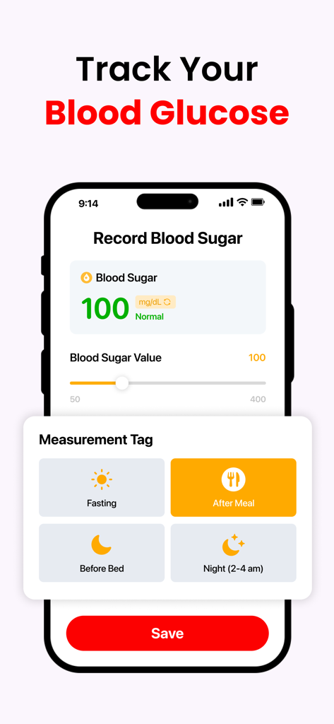 BPCare AI app interface for recording blood sugar levels with timing tags like after meal and fasting.