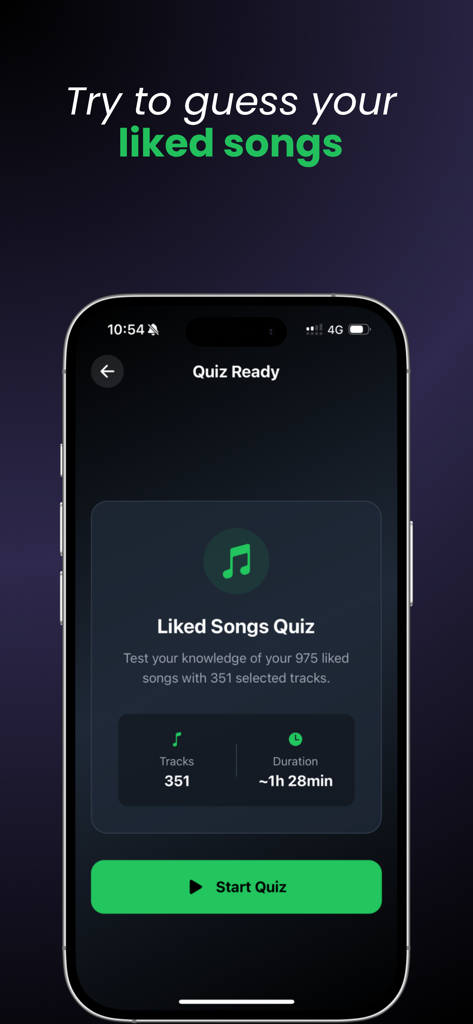 A setup screen for a music quiz based on Spotify liked songs in the Spotiguess app