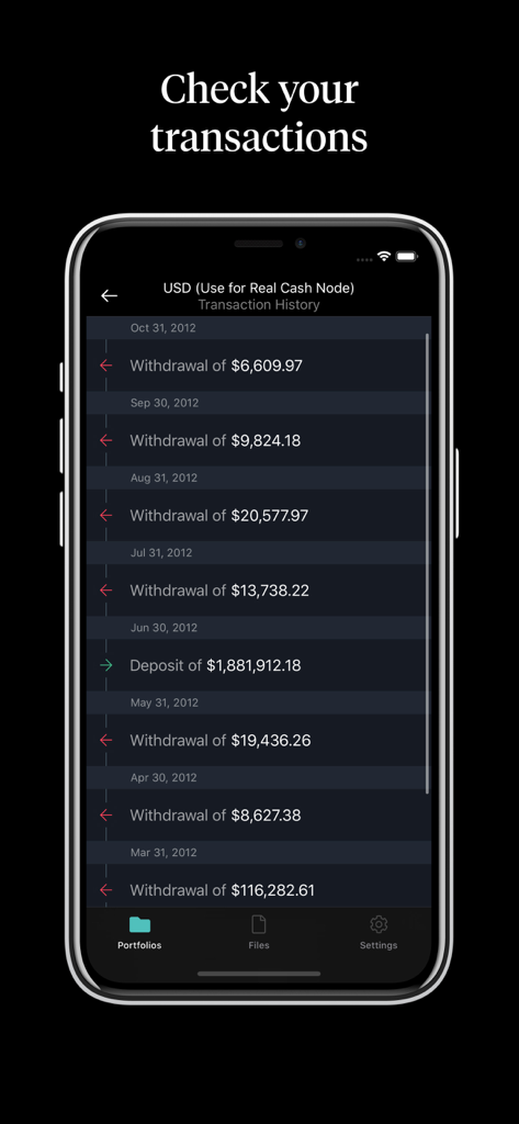 Addepar - Interfaz del historial de transacciones en la aplicación Addepar que muestra depósitos y retiros para un portafolio de alto patrimonio neto.