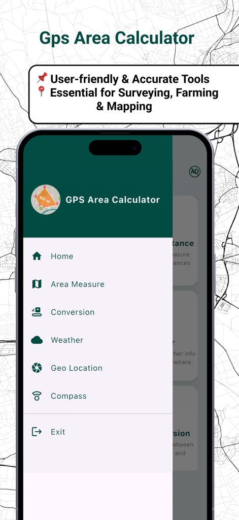 Live GPS Land Area Calculator - Menú lateral de la aplicación Calculadora de Área GPS que muestra herramientas para medición de área y mapeo de terrenos