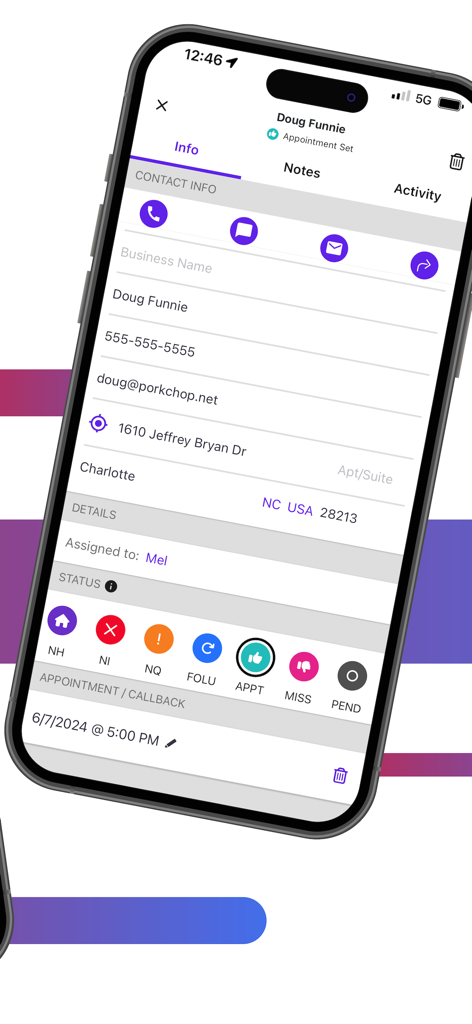 SalesRabbit+ - SalesRabbit plus mobile app interface showing detailed lead contact information and appointment status icons