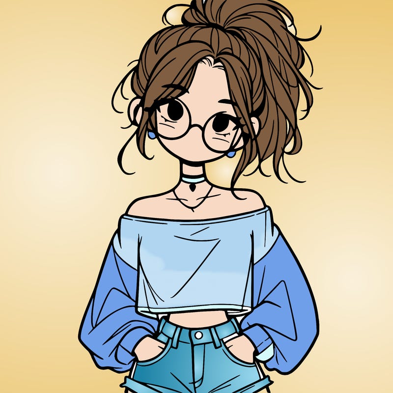 girl with a messy ponytail glasses a baggy crop top and jean shorts