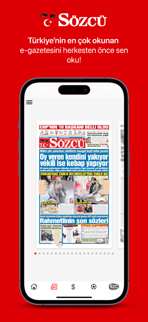 Sözcü Gazetesi - Haberler - A smartphone screen displaying the digital front page of the Turkish newspaper Sözcü against a red background.