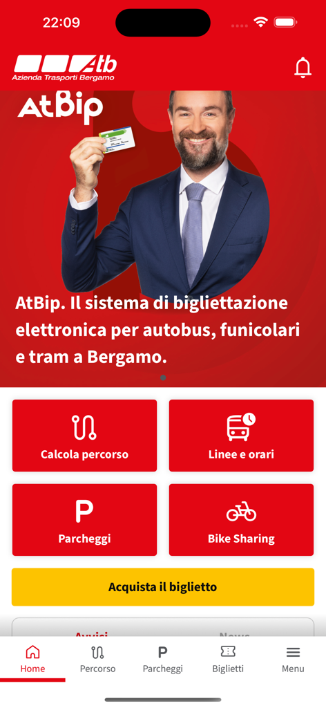 ATB Mobile - Home screen of the ATB Mobile app for public transport and parking in Bergamo