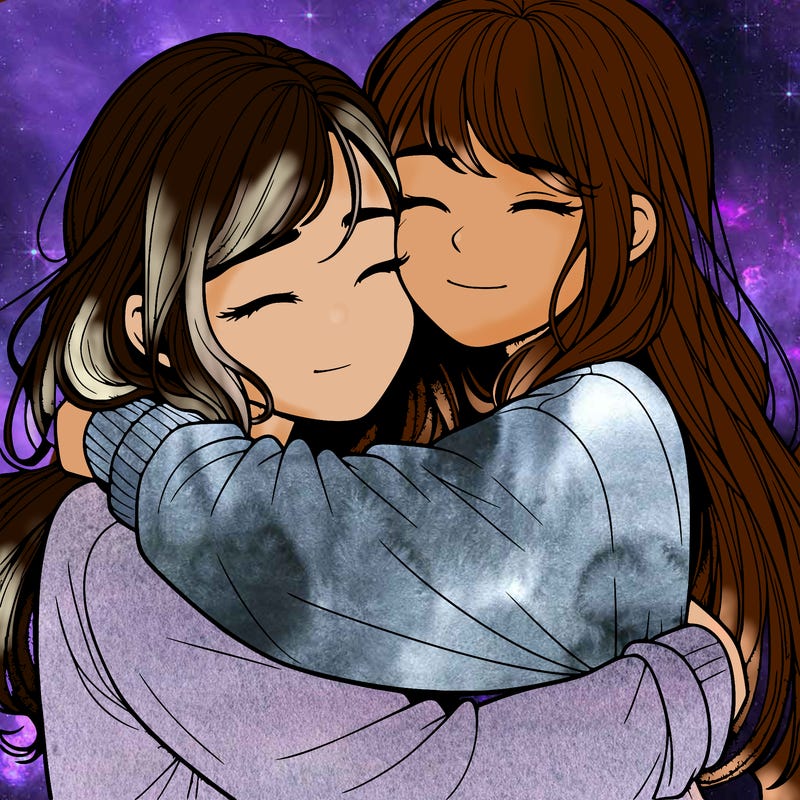 realistic two girls hugging