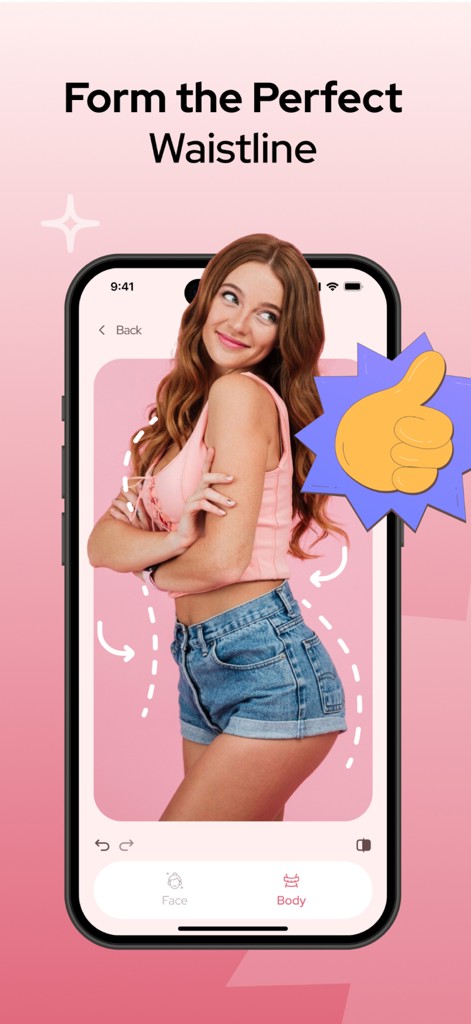 Face & Body App: Photo Editor - Interfaz de aplicación móvil que muestra una foto de una mujer editada para formar una cintura perfecta con un ícono de pulgar hacia arriba.