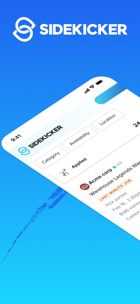 Mobile Benutzeroberfläche der Sidekicker-App mit verfügbaren Lagerjobs und Suchfiltern.