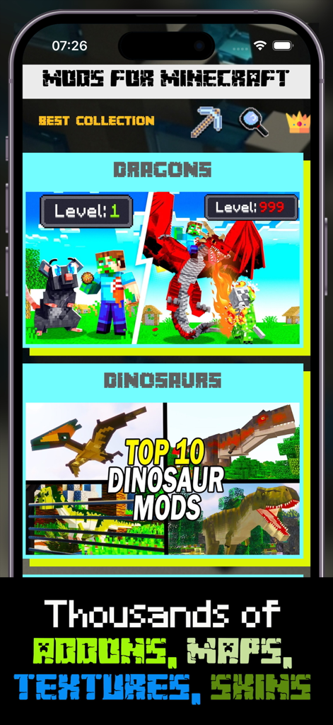 Best Add-ons for Minecraft Mod - 드래곤과 공룡 애드온 컬렉션을 보여주는 Minecraft 모드 앱 화면