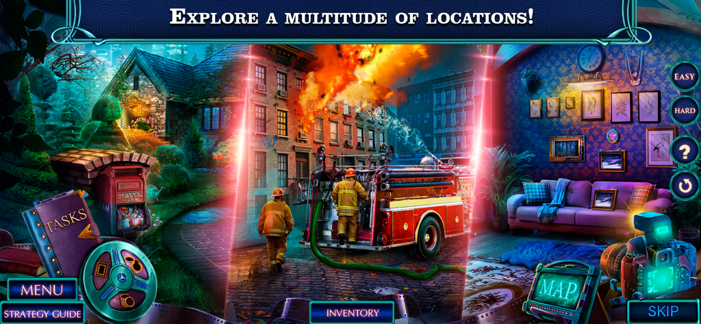 Fatal Evidence 4 - F2P - A collage of diverse mystery game locations in Fatal Evidence 4 showing a cottage a fire scene and a living room