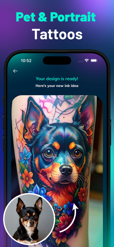 Diseño de tatuaje de retrato de perro colorido generado por IA basado en una foto de mascota original