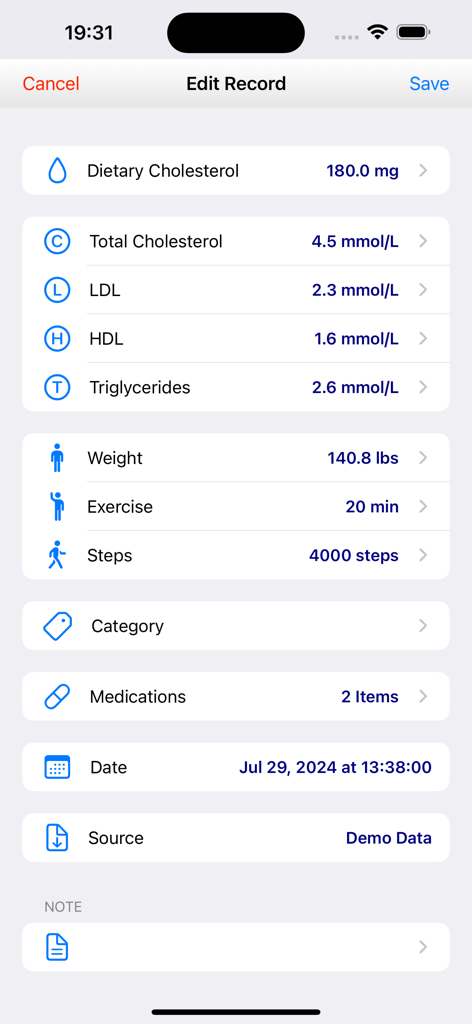 BCMon Pro - Bearbeitungsbildschirm in der BCMon Pro App zur Verfolgung von Cholesterinspiegeln, Gewicht und Trainingsdaten