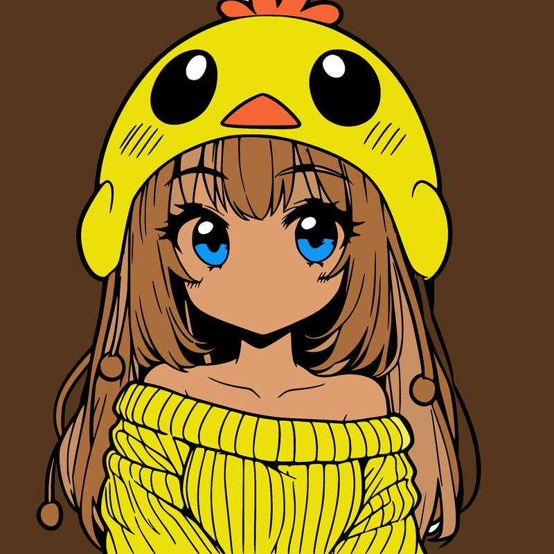 anime girl with chick shaped hat with sweater with bare shoulders with bangs covering them one eye with low tail