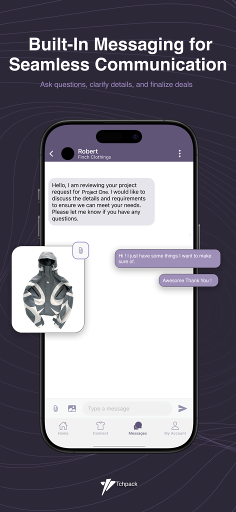Tchpack - Tchpack app chat interface for communication between fashion designers and manufacturers.
