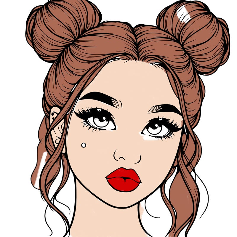 realistic girl with two buns on her hair and lips