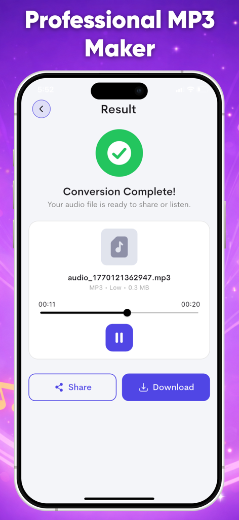 Video to MP3 Converter 2026 - Écran de l'application mobile montrant une conversion vidéo en MP3 terminée avec des boutons de partage et de téléchargement.