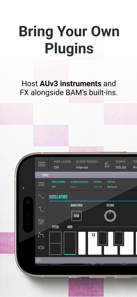 BAM - Beat Maker & Music Maker - BAM music maker app on iPhone showing AUv3 plugin hosting and synthesizer interface