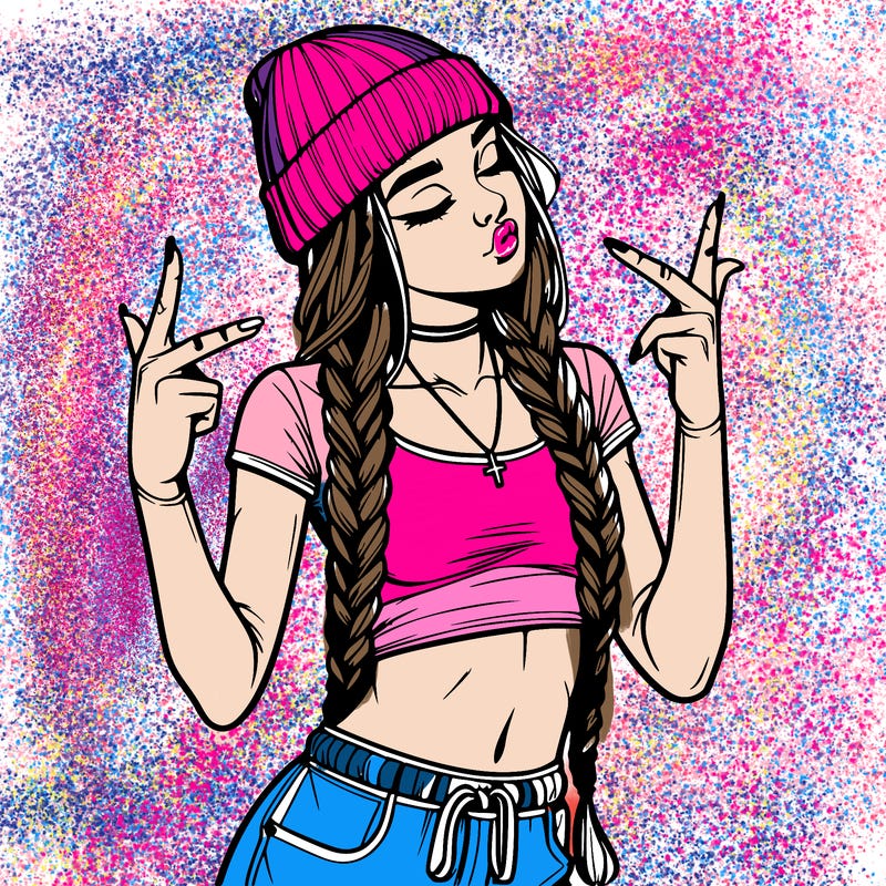 realistic teenage girl with braids and a beanie and crop top doing 🫶🏼