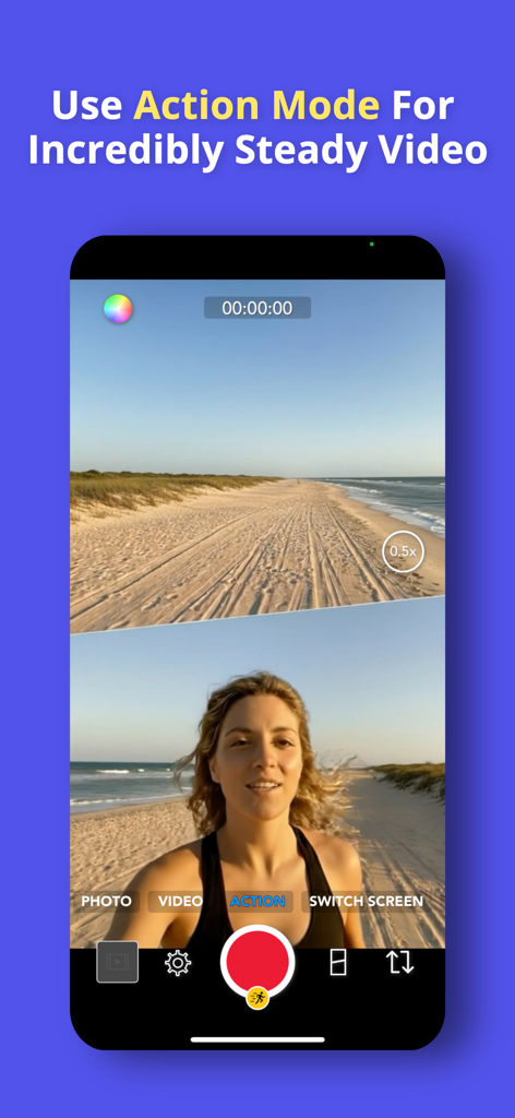 MixCam: Front and Back Camera - MixCam app interface showing split-screen recording of a beach and a woman using Action Mode for steady video.