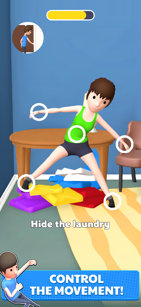 Move People - Una pantalla de juego móvil que muestra a un personaje siendo posado con marcadores de articulaciones circulares para ocultar una pila de ropa.