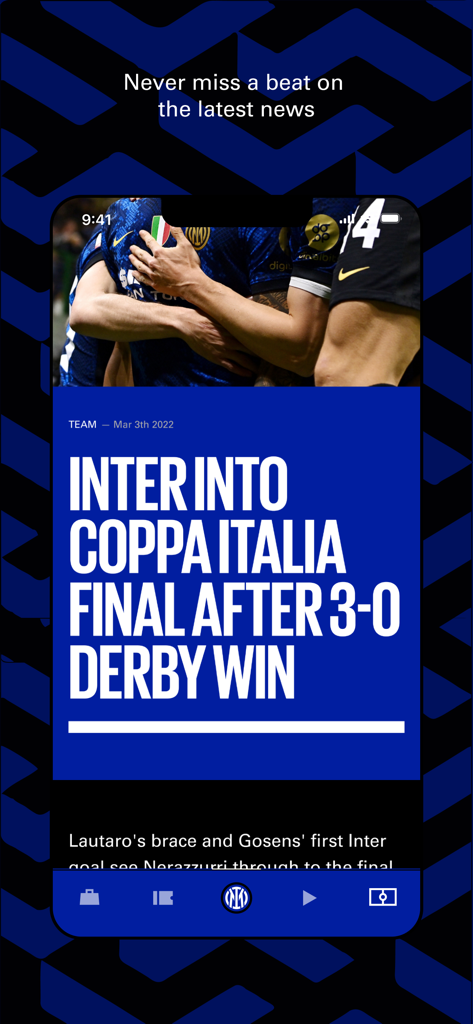 Inter Official App - Inter Official App news feed displaying a headline about the team reaching the Coppa Italia final after a derby win
