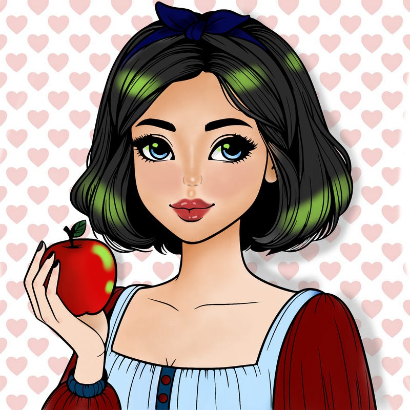 a woman with medium short hair, wearing a headband with a small bow, carrying an apple in her hand, realistic