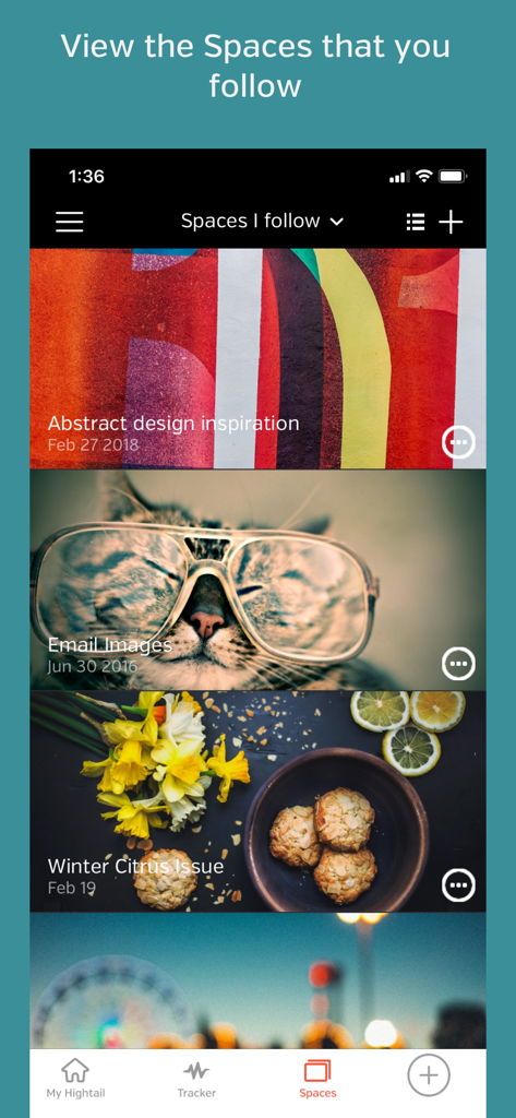 Hightail - A list of collaborative project Spaces within the Hightail app featuring visual thumbnails for different creative work folders.