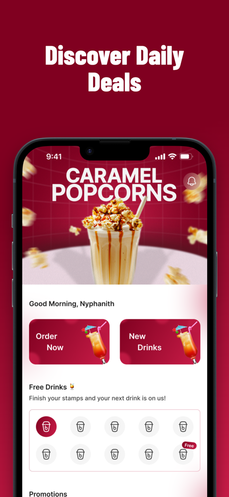 YOK Cafe - YOK Cafe mobile app interface showing daily deals and a loyalty stamp card for free drinks.