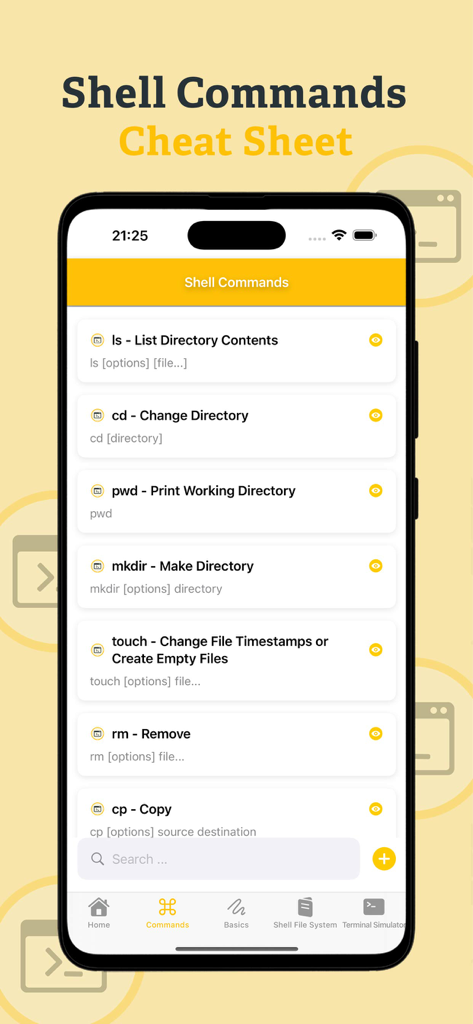 Interface d'application mobile montrant une liste consultable de commandes shell de base comme ls, cd et pwd avec leurs descriptions.