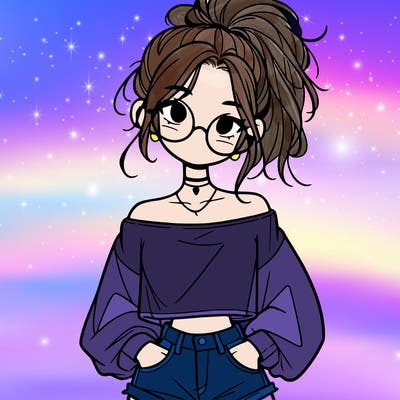 girl with a messy ponytail glasses a baggy crop top and jean shorts