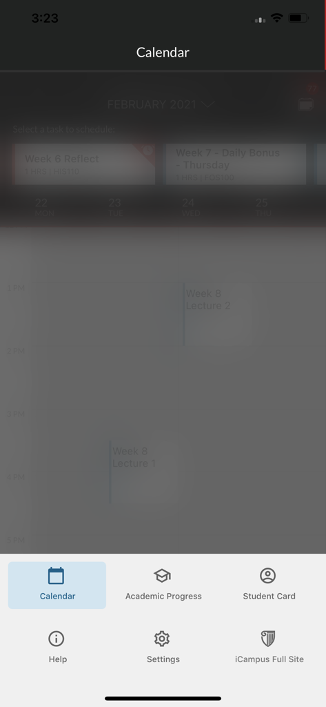 Strayer - Strayer Mobile app calendar view showing scheduled course lectures and weekly tasks.