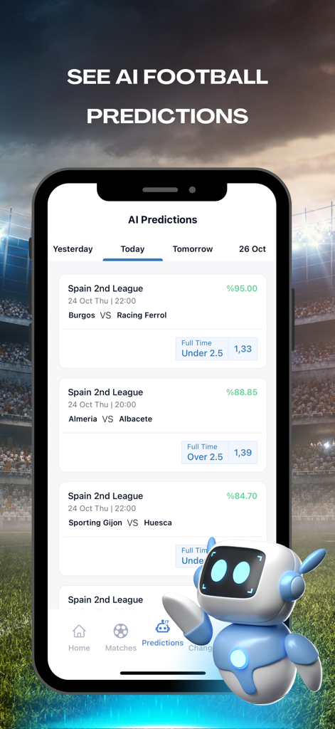 TipsPro AI: Match Prediction - Mobile interface showing AI football predictions and soccer match analysis