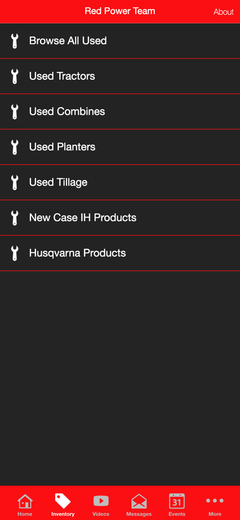Inventory screen of the Red Power Team app showing categories for agricultural equipment including tractors and combines.