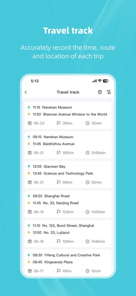 Kacam - Kacam app travel track screen showing driving trip history with time and location details