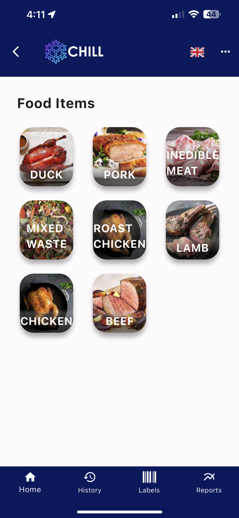 Screen showing food item categories for waste logging in the Chill app.