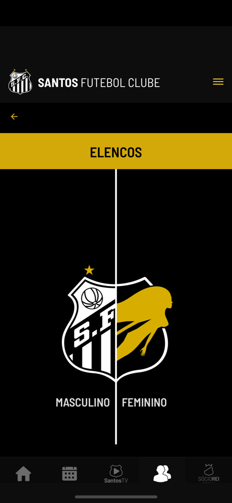 Santos FC - Santos FC mobile app screen showing options to view the masculine and feminine professional football squads.