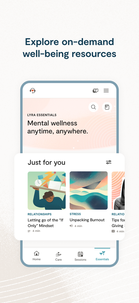 Lyra Health - Lyra Healthモバイルアプリの画面。オンデマンドのメンタルヘルスリソースとウェルネスレッスンが表示されています。