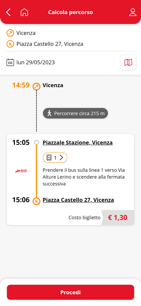 Svt Vicenza - Interface da aplicação SVT Vicenza mostrando um itinerário de rota de autocarro planeada e o custo do bilhete