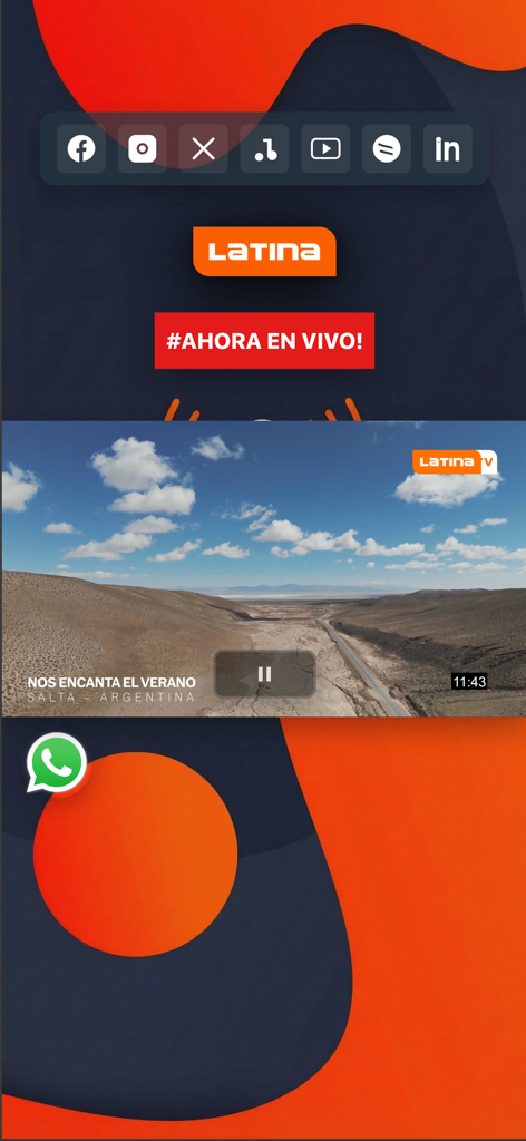 Radio Latina 101.1 - Radio Latina 101.1 모바일 앱, 살타 아르헨티나 실시간 비디오 스트림과 소셜 미디어 및 WhatsApp 아이콘 표시