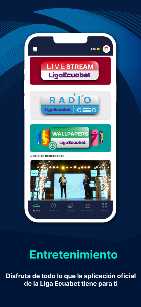Liga Ecuabet - Liga Ecuabet app home screen with live streaming and sports news sections