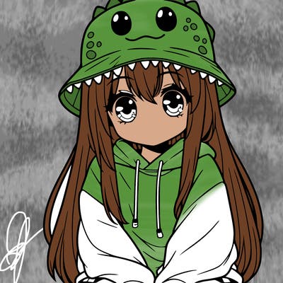 girl with anime shaped eyes with a dinosaur bucket hat oversized sweatshirt long straight hair