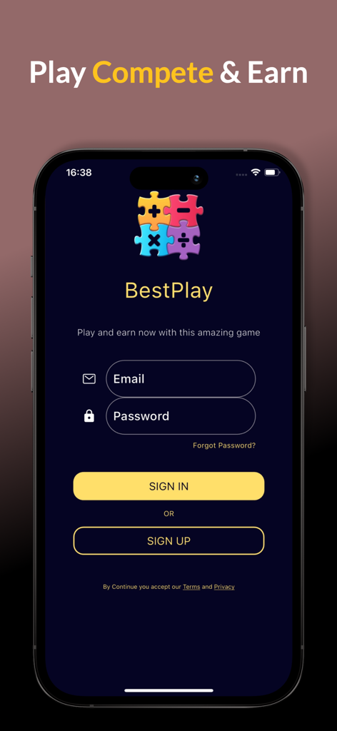 Login and sign up screen for the PlayWell play-to-earn math gaming app on a smartphone.