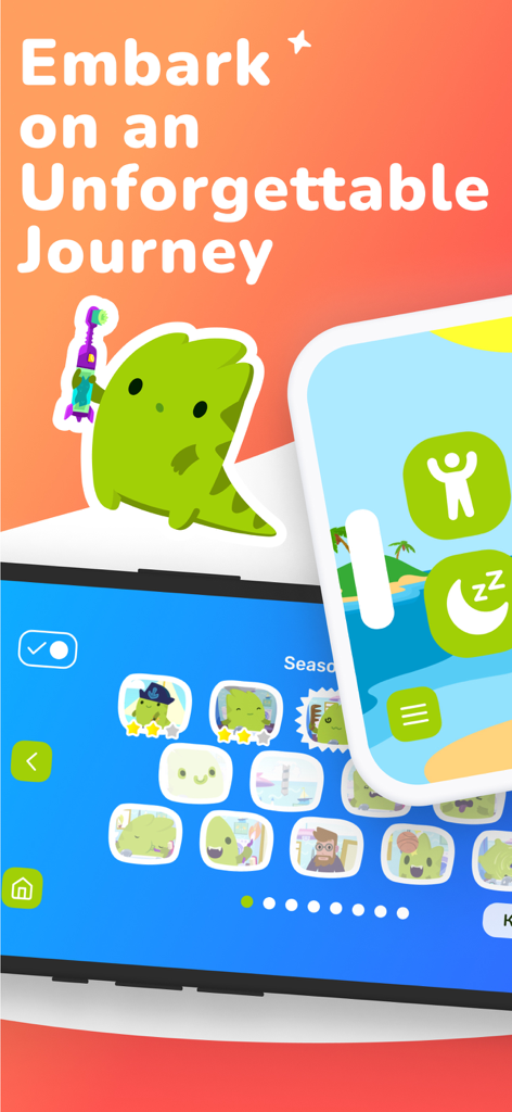 Dinosaure Mimizaur tenant une brosse à dents avec des options de récompense sous forme de dessins animés